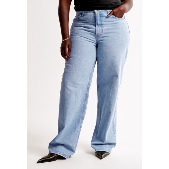 Abercrombie High Rise Loose Curvy jeans Womens 35 20 Blue Light Wash Flare Leg - Picture 1 of 14